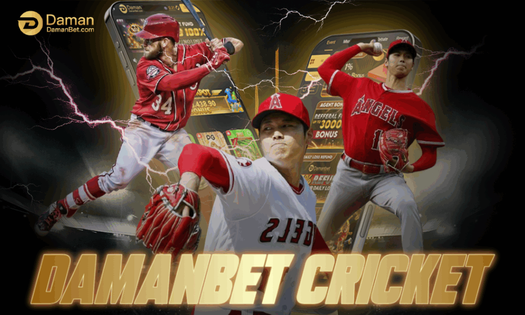 Damanbet Cricket promotional banner featuring baseball players in action poses with a golden Damanbet logo and betting app interface in the background.