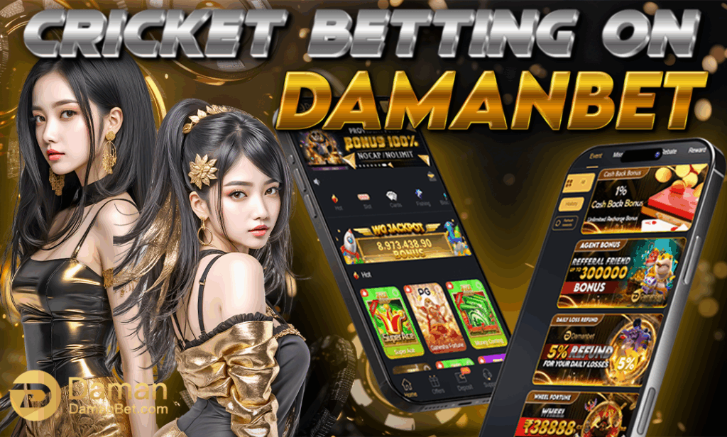 Two stylish women in black and gold outfits promoting cricket betting on Damanbet app, with a mobile interface showing betting bonuses and rewards
