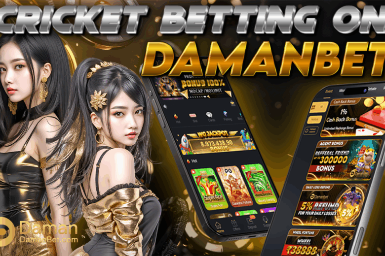 Two stylish women in black and gold outfits promoting cricket betting on Damanbet app, with a mobile interface showing betting bonuses and rewards