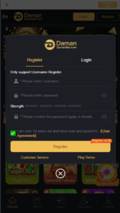 DamanBet registration form with username and password fields