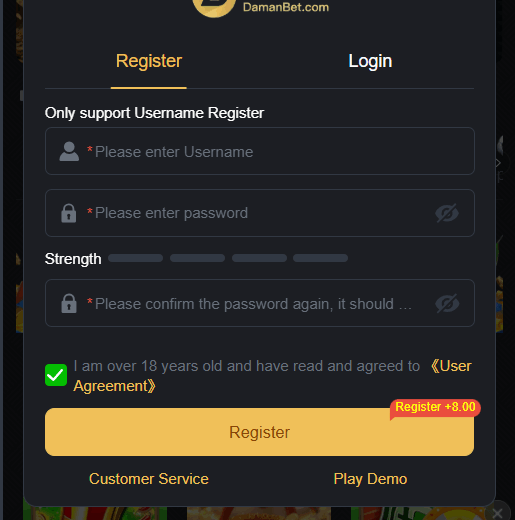 DamanBet registration form with username and password fields